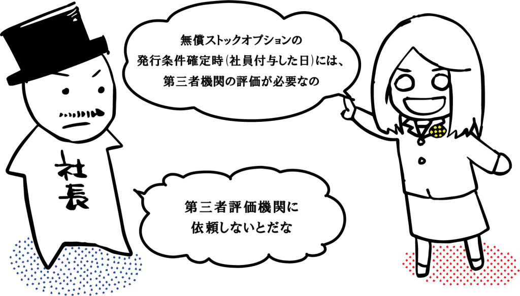 無償ストックオプションの発行条件確定j時（社員付与した日）には、第三者機関の評価が必要なの
第三者評価機関に依頼しないとだな