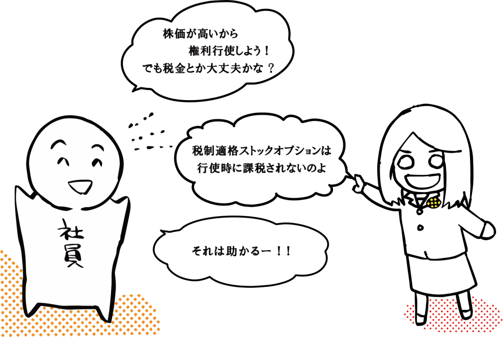 株価が高いから権利行使しよう！
でも税金とか大丈夫かな？
税制適格ストックオプションは行使時に課税されないのよ
それは助かるー！！